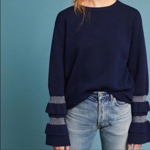 Anthropologie Moth Nilla Ruffle Sleeve Navy Sweater